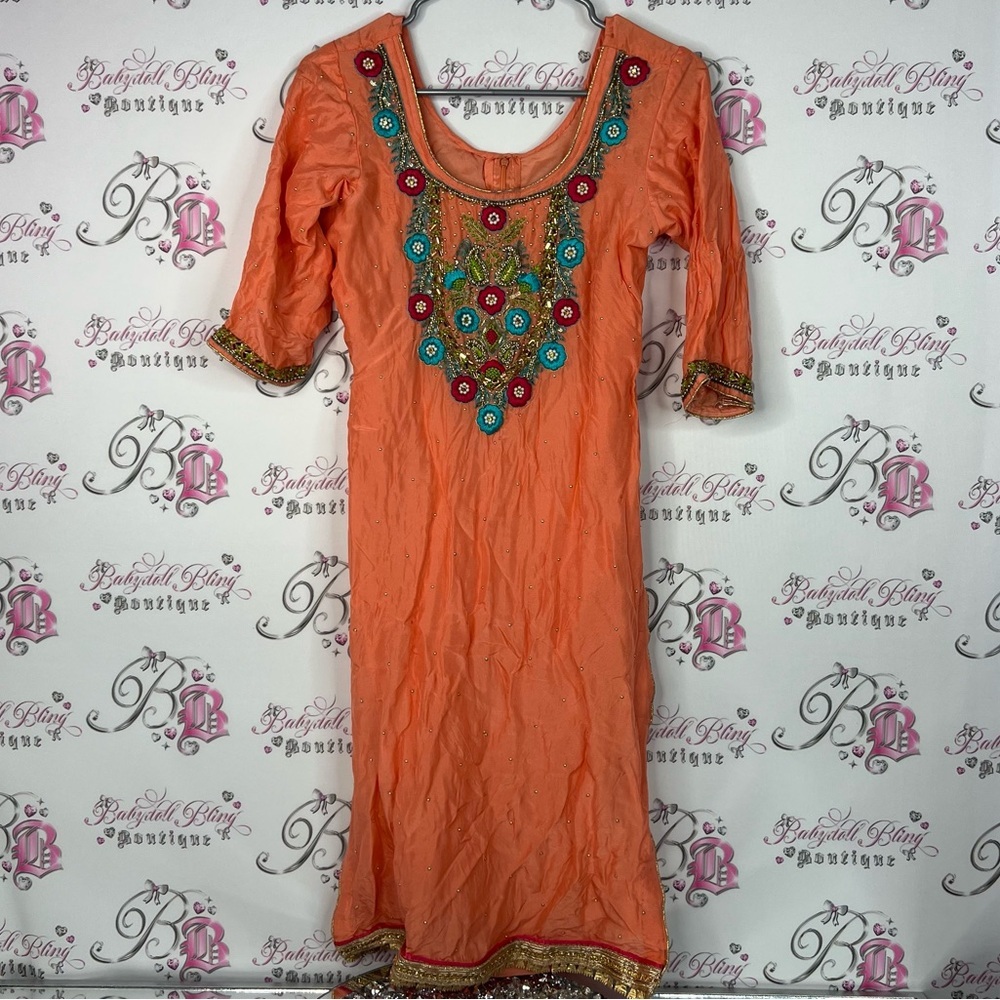 Dress embroidered beaded zip up Embellished Orange Dress with Intricate Details